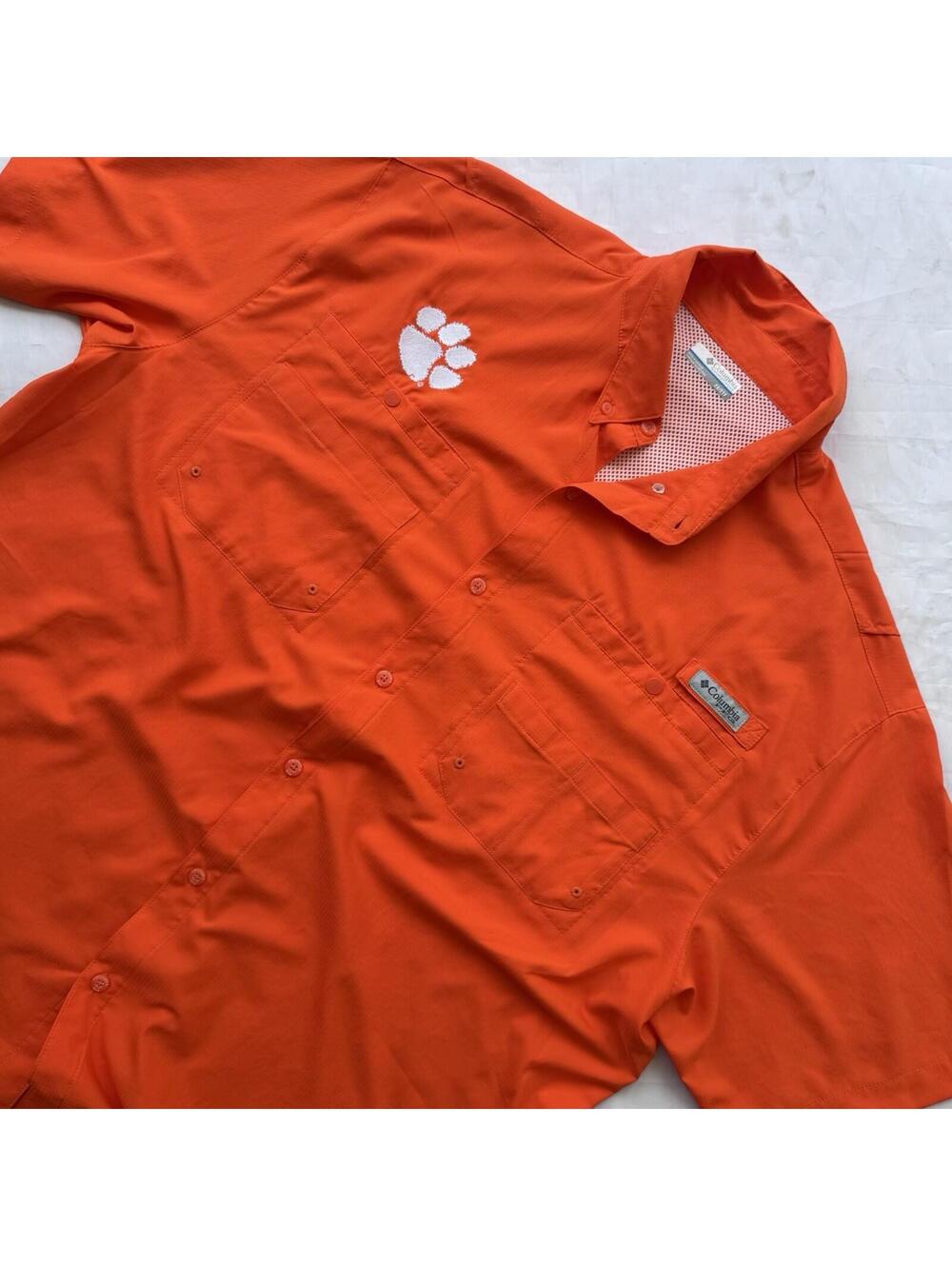 Columbia PFG Clemson Tigers Fishing Shirt Orange Button Up 2X XXL Short Sleeve